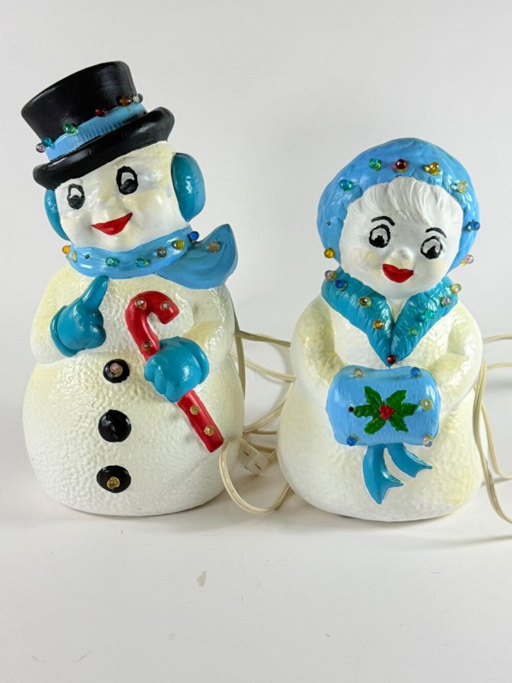 Vintage 90's Hand Painted Ceramic Mr & Mrs Snowman Light Up Holiday Decor